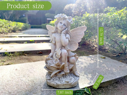 MeritMode 12.8" Fairy Garden Outdoor Guardian Angel Statue - Waterproof Resin with Flower Base