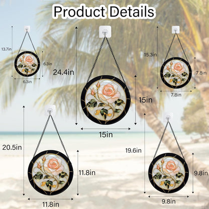 Stained Glass Window Hanging - Black White Pink Rose Sun Catcher for Door Home Decor Flower