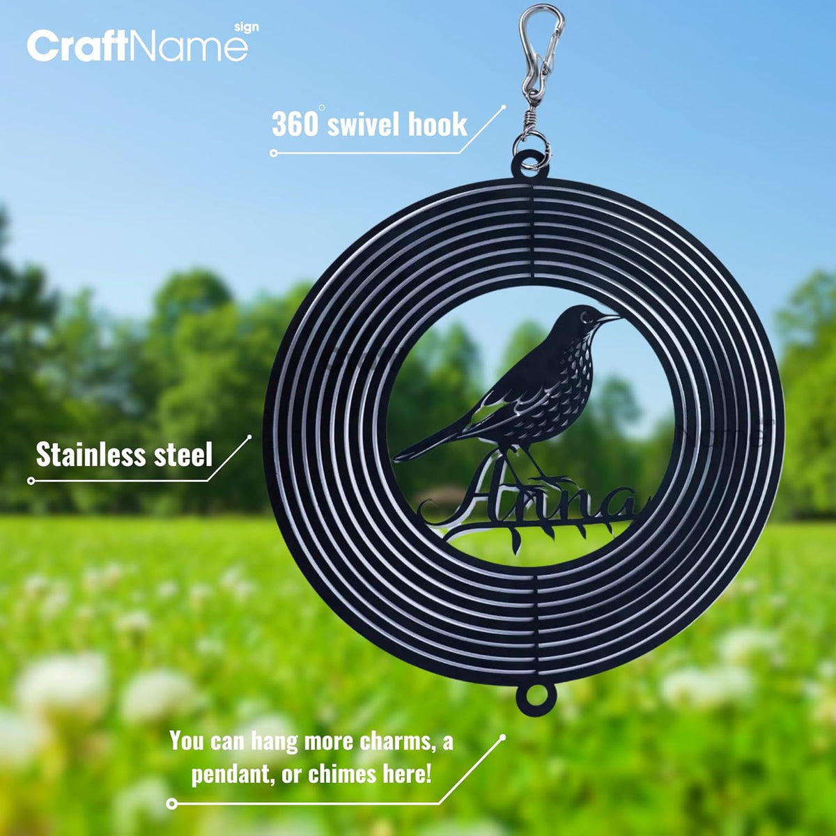 Personalized Swan Wind Spinner 3D Stainless Steel, Swan Garden Spinner Hanging Outdoor Decor, Wind