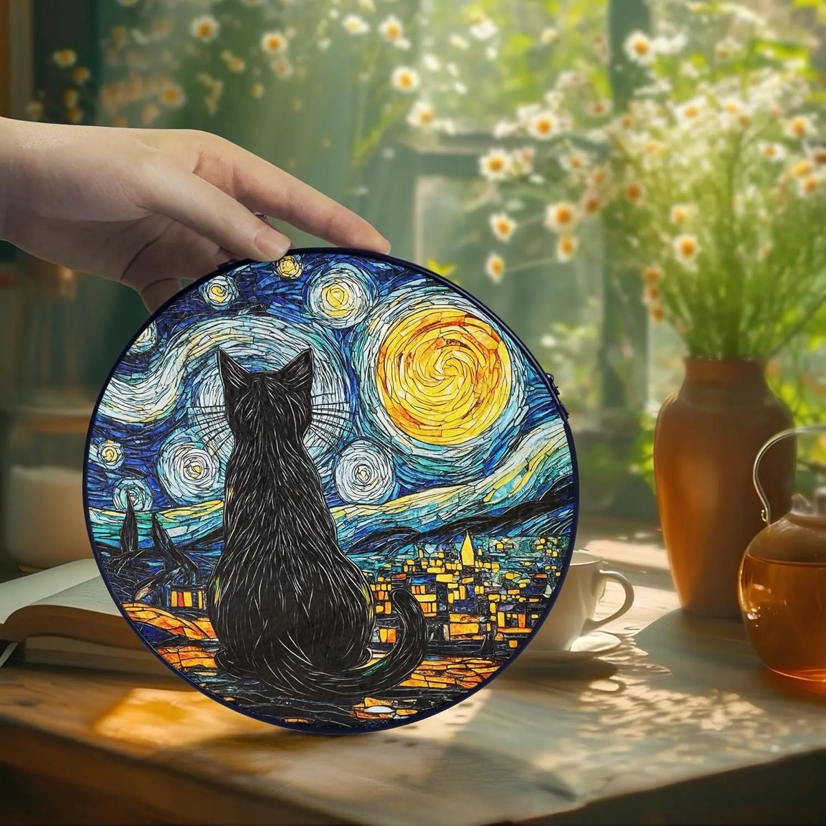 Starry Night Black Cat Stained Glass Suncatcher Window Hanging Decor for Garden, Cat Suncatcher