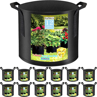 12 Pack Grow Bags 3 Gallon, 300G Heavy Duty Thickened Non-Woven Plant Bag Plant Fabric Pots with
