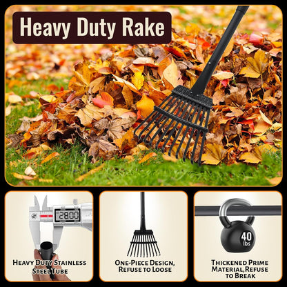 Small Garden Rake for Leaves,11 Tines Heavy Duty Metal Yard Hand Rake with 63in Adjustable