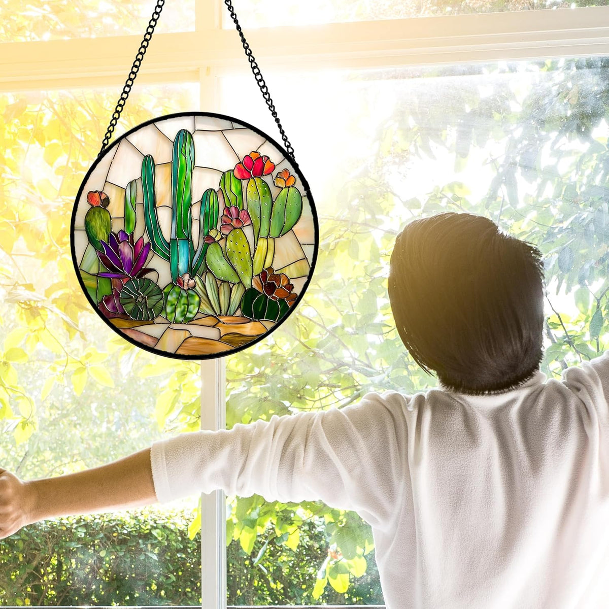 Stained Glass Window Hanging, White Green Cactus Suncatcher Diamond Glass Panel Hangings Sun
