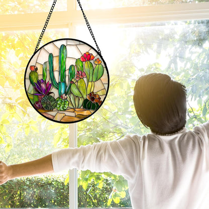 Stained Glass Window Hanging, White Green Cactus Suncatcher Diamond Glass Panel Hangings Sun