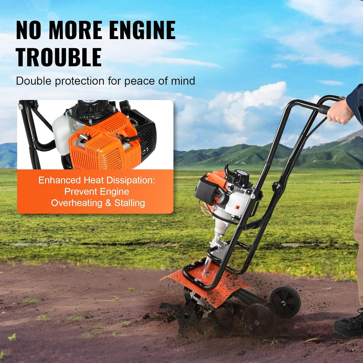 VEVOR Tiller Cultivator, 31CC 4-Stroke Garden Cultivator, Tiller with 4 Steel Adjustable Front