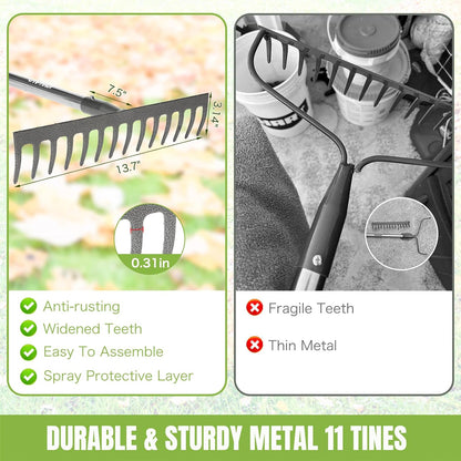 Joyhalo 14-Tine Garden Rake - Adjustable Length 30.5 to 57 Inch, Metal, Levels Soil & Rocks