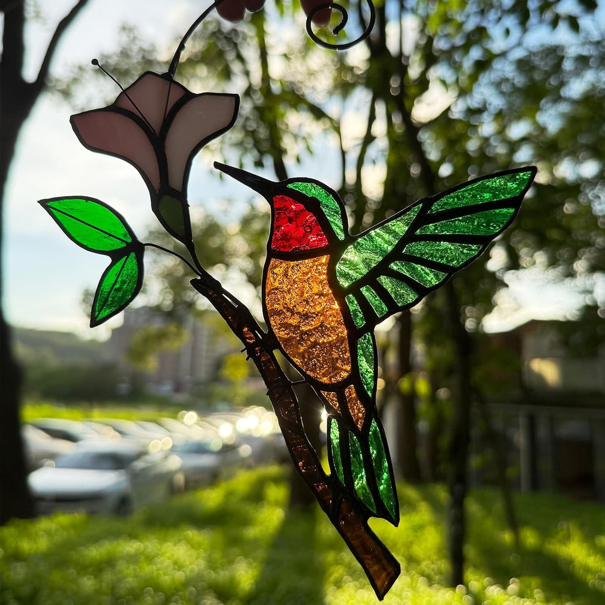 Handmade Stained Glass Hummingbird on Branch Colorful Glass Bird Suncatcher for Indoor Window Decor