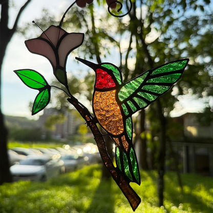 Handmade Stained Glass Hummingbird on Branch Colorful Glass Bird Suncatcher for Indoor Window Decor