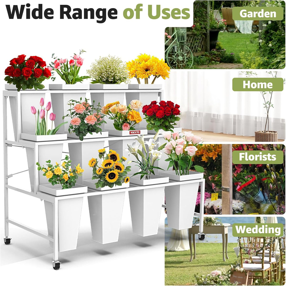 Flower Display Stand 3 Layers with 12 PCS Round Buckets, Plant Stand with Wheels, Movable Metal