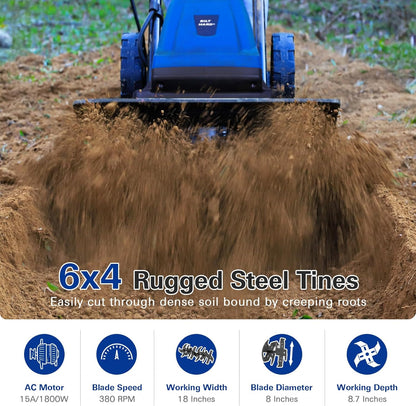 BILT HARD 18 Inch Electric Tiller Cultivator, Corded 15 Amp 6 Steel Tines Tillers for Gardening
