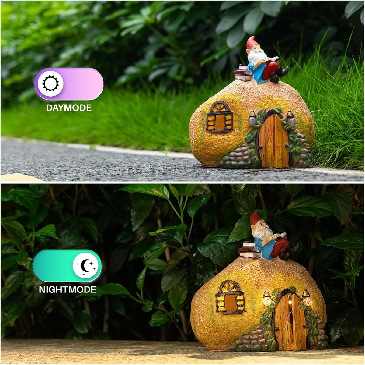mopha Garden House Statues, Funny Gnome Fairy Garden Lights Figurine,Resin Solar Powered Outdoor