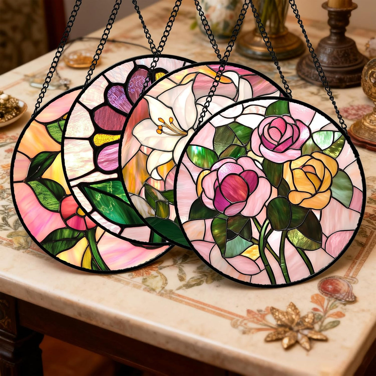 Stained Glass Window Hanging 4 Pcs Set Pink Floral Theme 7.8" - Flowers Suncatcher Door Garden Sun