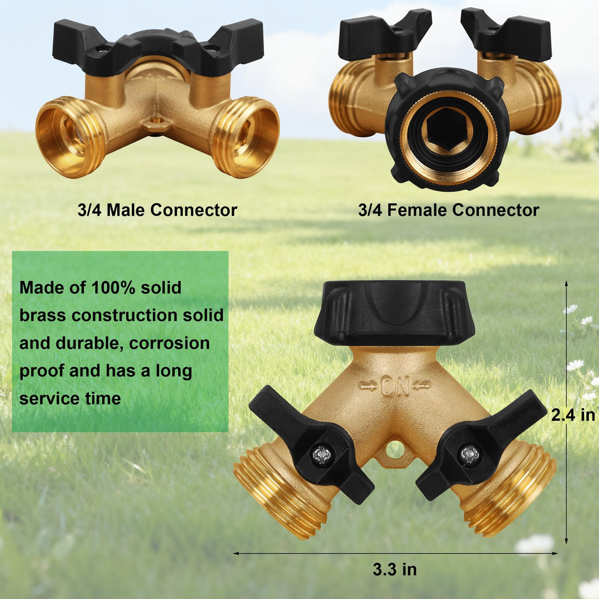 Biswing Garden Hose Splitter 2 Way, Heavy Duty Brass Connector Tap Splitter, Y Splitter 2 Valves