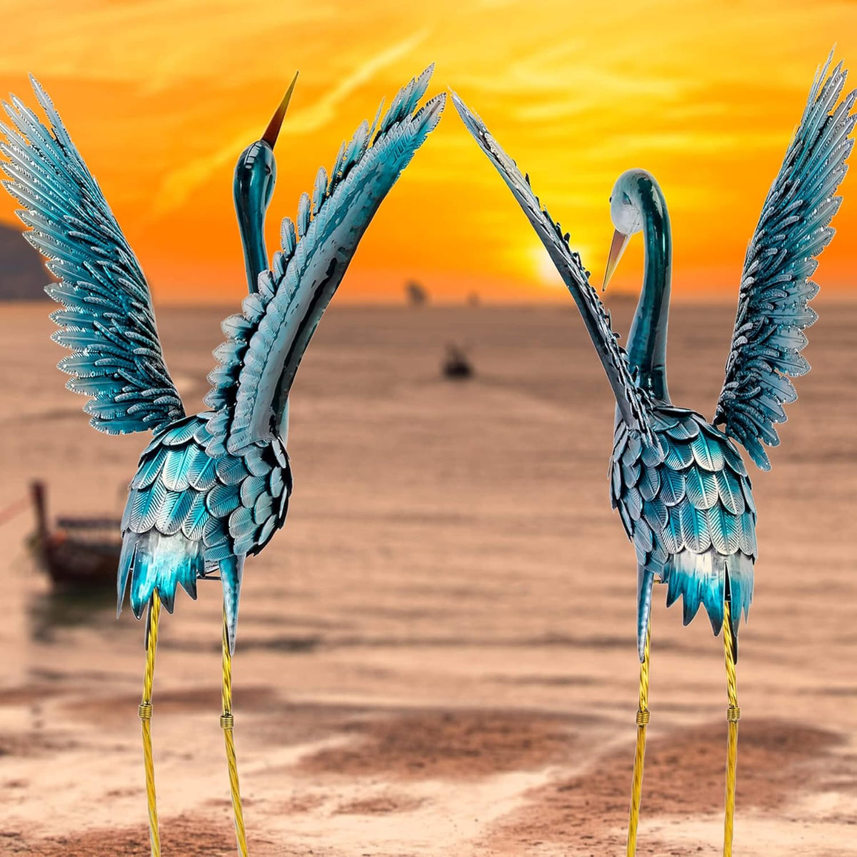 Natelf Garden Crane Statues for Outdoor, Blue Heron Decoy Courtyard Sculptures, Standing Metal Bird