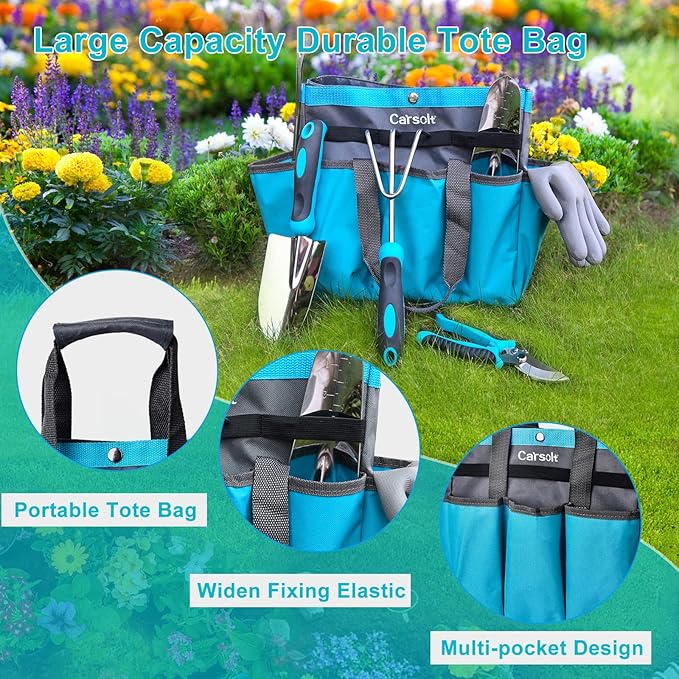 Gardening Tools, Carsolt 10 Piece Heavy Duty Stainless Steel Garden Tools Set with Ergonomic Rubber