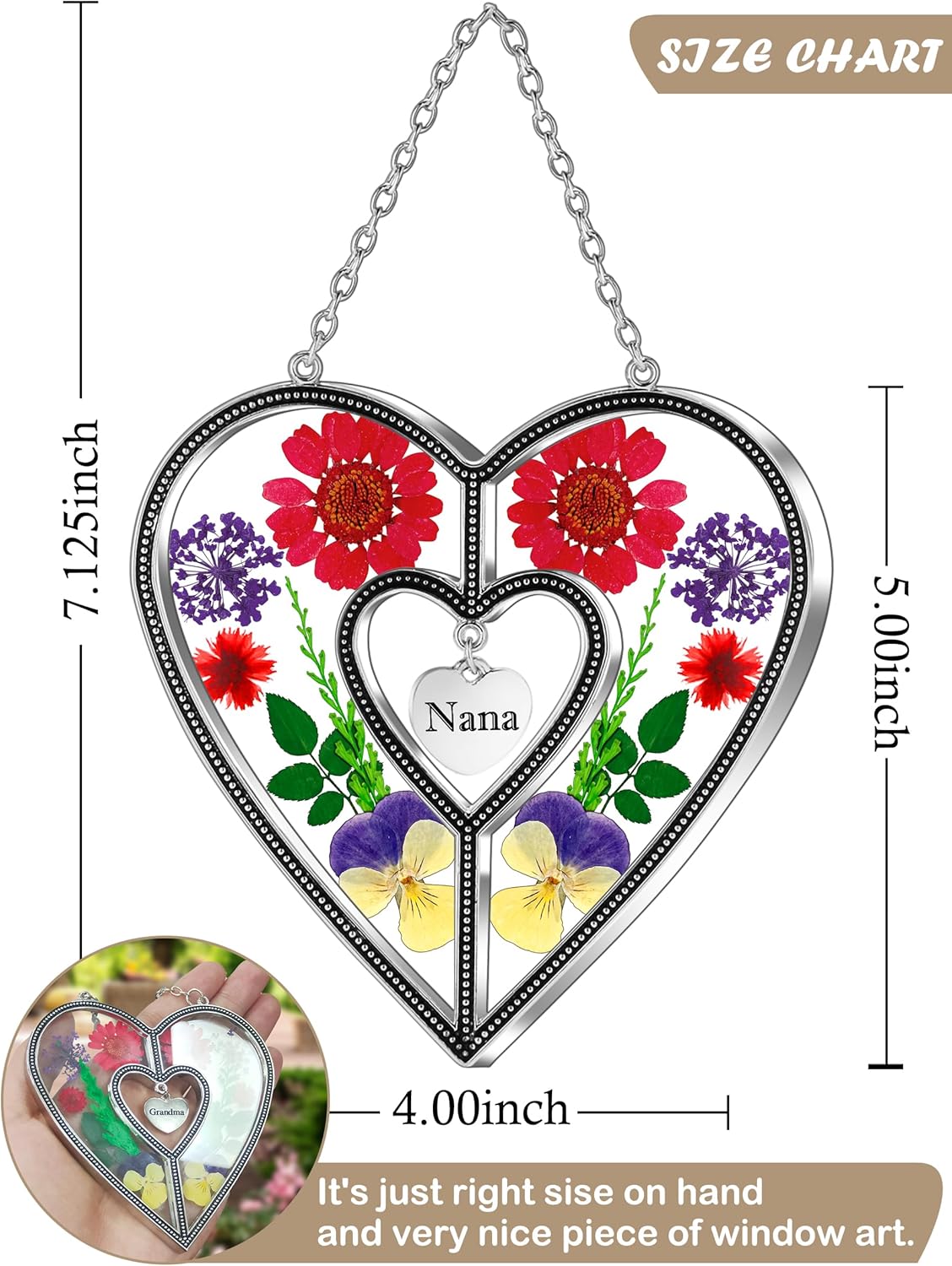 KY&BOSAM Heart Suncatcher Nana Stained Glass Panles Hangings for Windows Ornament Sun Catchers with