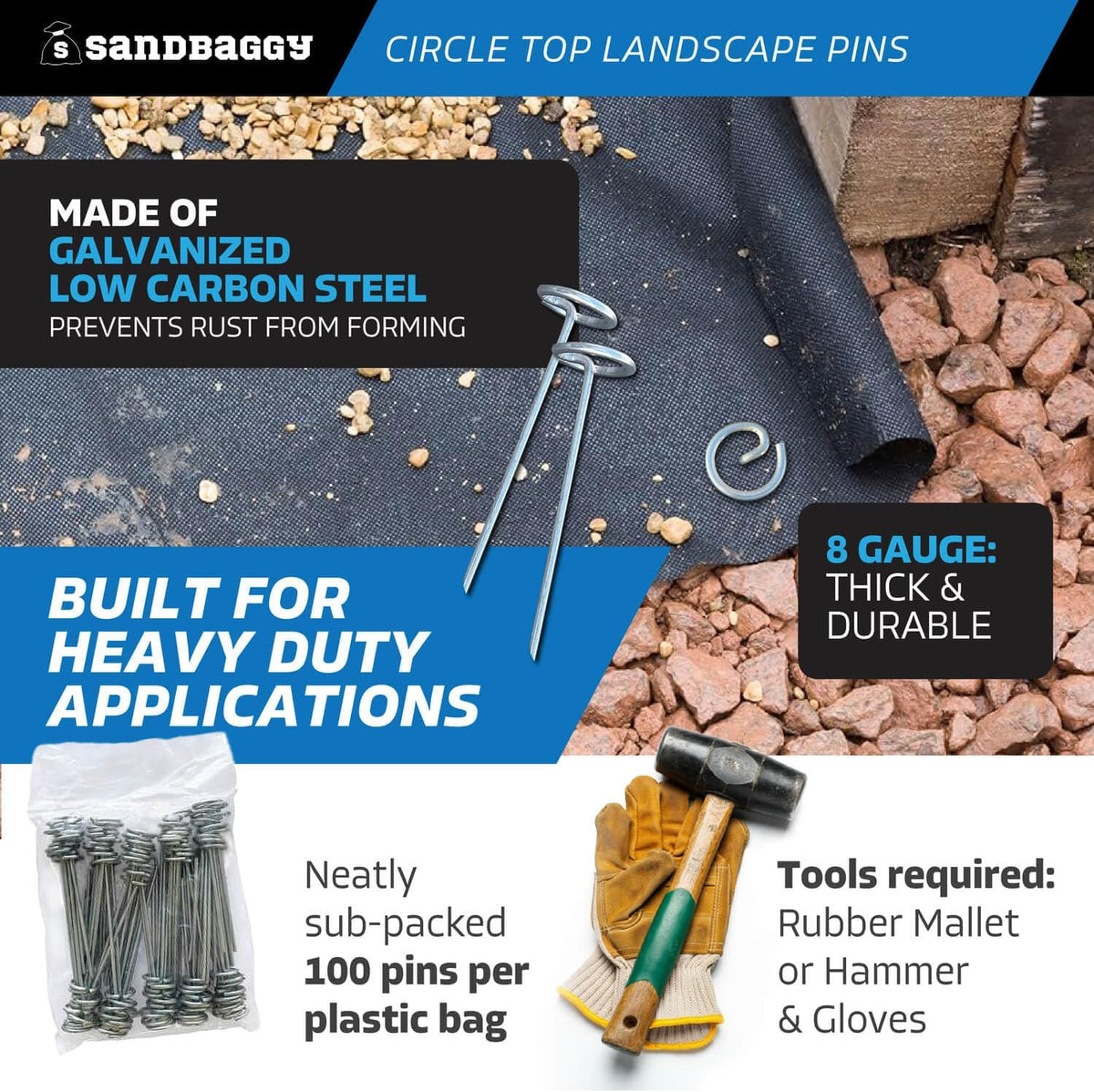 Sandbaggy 6-inch Circle Top Pins - Landscape Staples (Galvanized) - Garden Stakes for Landscaping