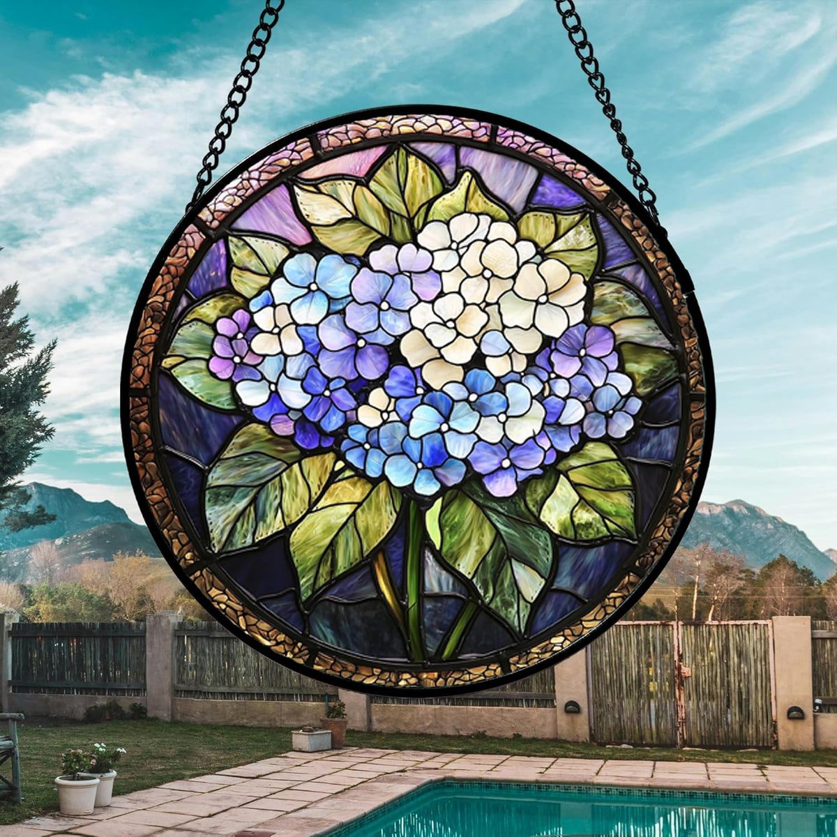 Stained Glass Window Hanging, Hydrangea Flowers Sun Catchers Diamond Glass Panel Hangings Plant
