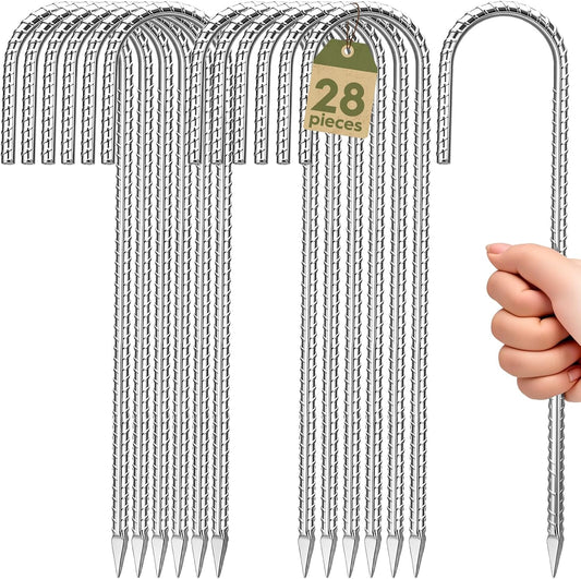 12 inches Ground Stakes Heavy Duty 28 Pieces Metal Fence Rebar Stake 5/16" Diameter J Hook Ground