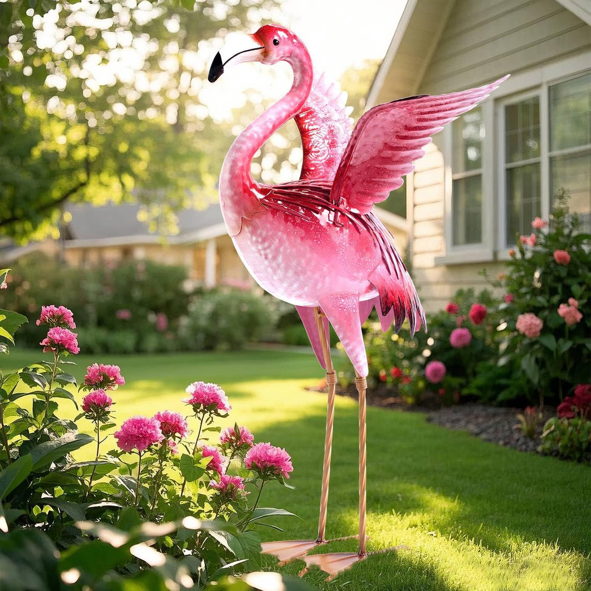 Garden Flamingo Statues and Sculptures, Outdoor Metal Bird Yard Art, Pink Flamingos Lawn Ornament