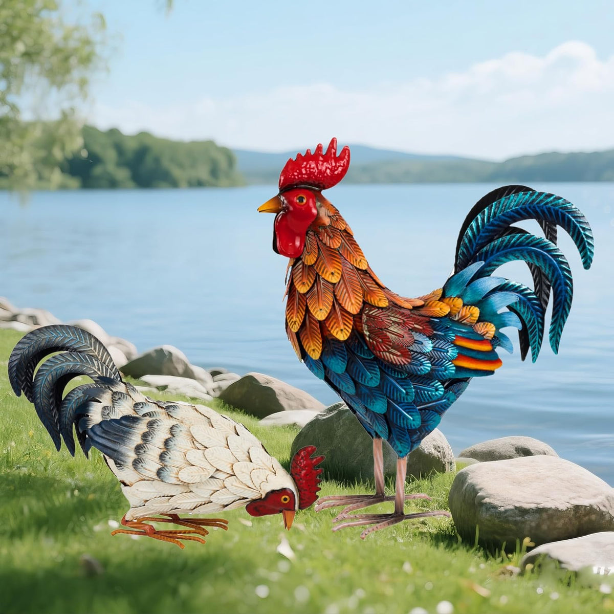 Shorayn Metal Rooster Statues, Outdoor Garden Metal Chicken Decor, Garden Sculptures Chicken