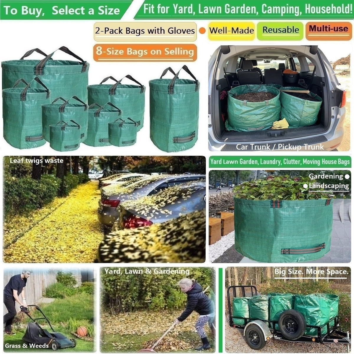 Professional 2-Pack 63 Gallons Lawn Garden Bags Yard Waste Bag (D31, H19 inches) with Gardening