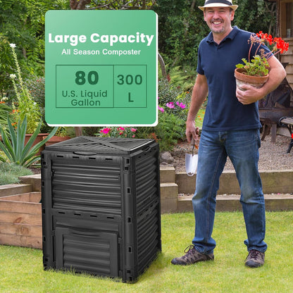 Compost Bin Outdoor, 80 Gallon Garden Compost Bin with Top Lid & Bottom Door, Aerating Outdoor