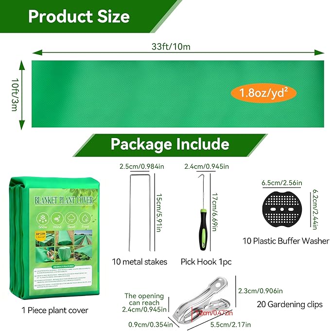 Plant Covers Freeze Protection kit，1.8 oz/yd²-10 ft x 33 ft Thickened Floating Row Cover for