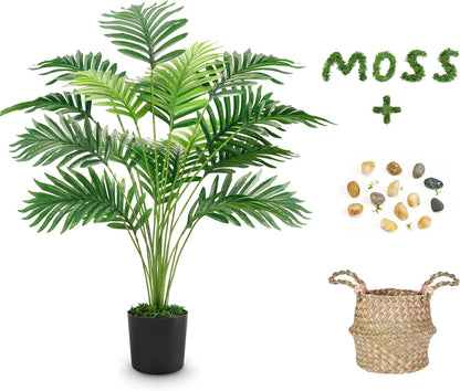 Der Rose Fake Palm Tree 28Inch Faux Plant Potted Tall Fake Plant with Hand-Woven Baskets Artificial