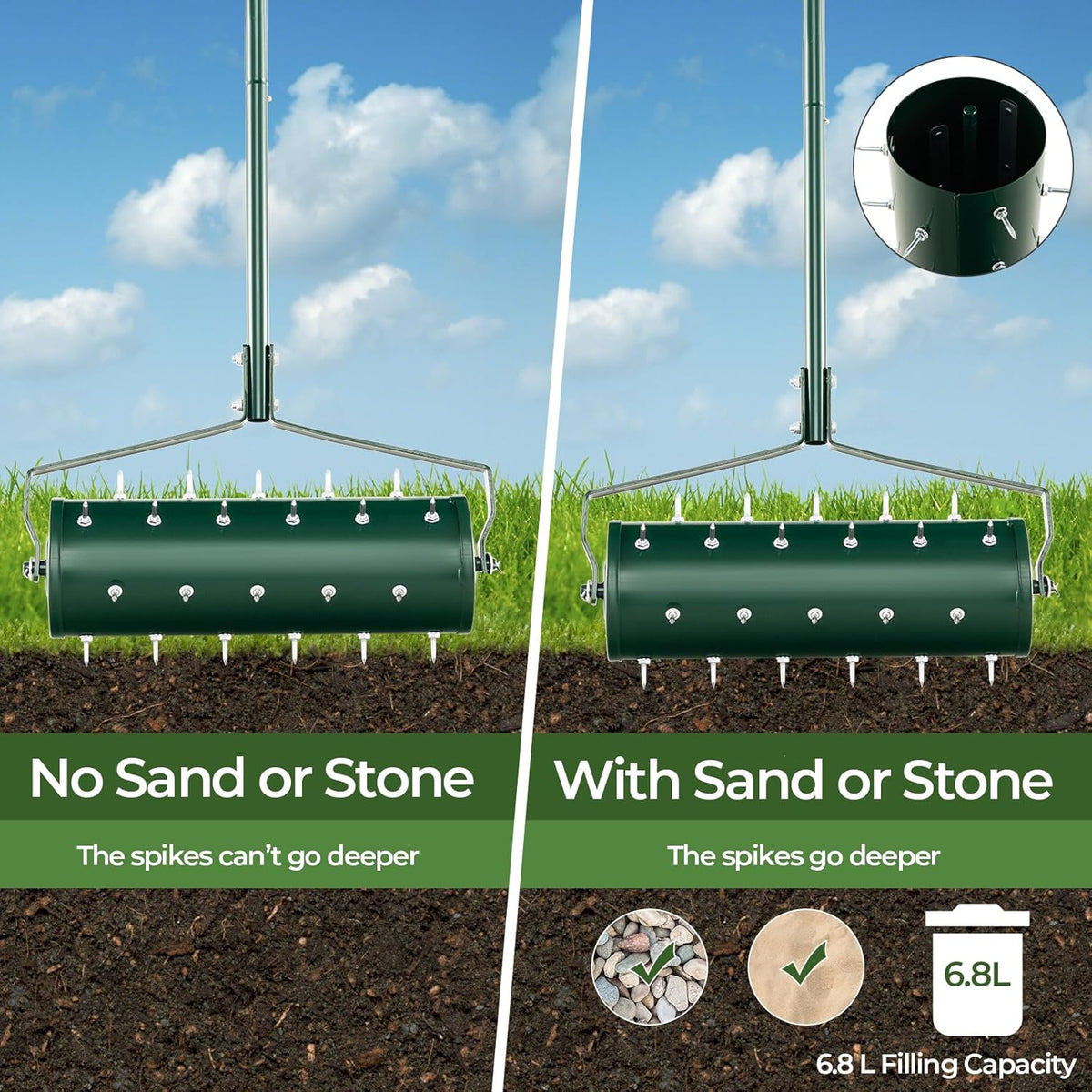 S AFSTAR 21" Manual Lawn Aerator, Heavy Duty Rolling Aerator Lawn Tool Filled Sand Stone with 51"
