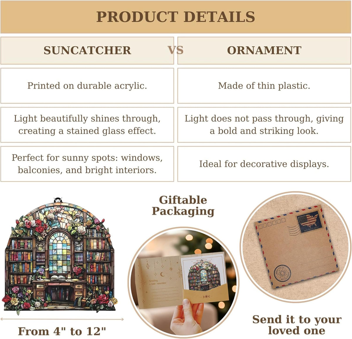 Book and Flower Bookish Acrylic Suncatcher Stained Glass Effect Window Car Hanging Christmas