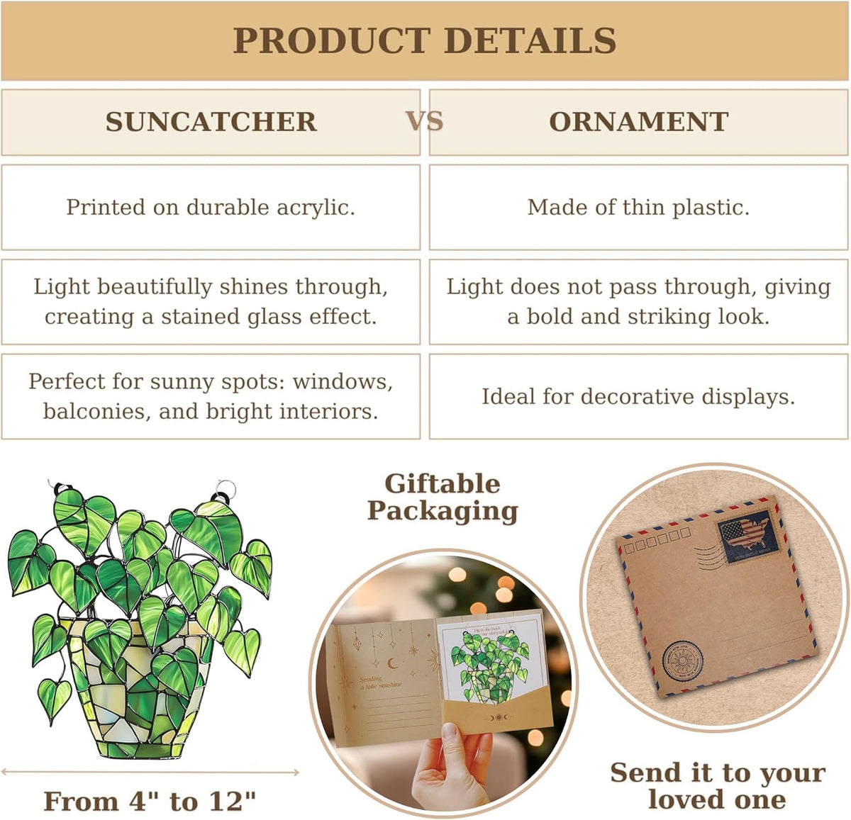 Pothos Acrylic Suncatcher Stained Glass Effect Window Car Hanging Christmas Ornament Indoor Outdoor