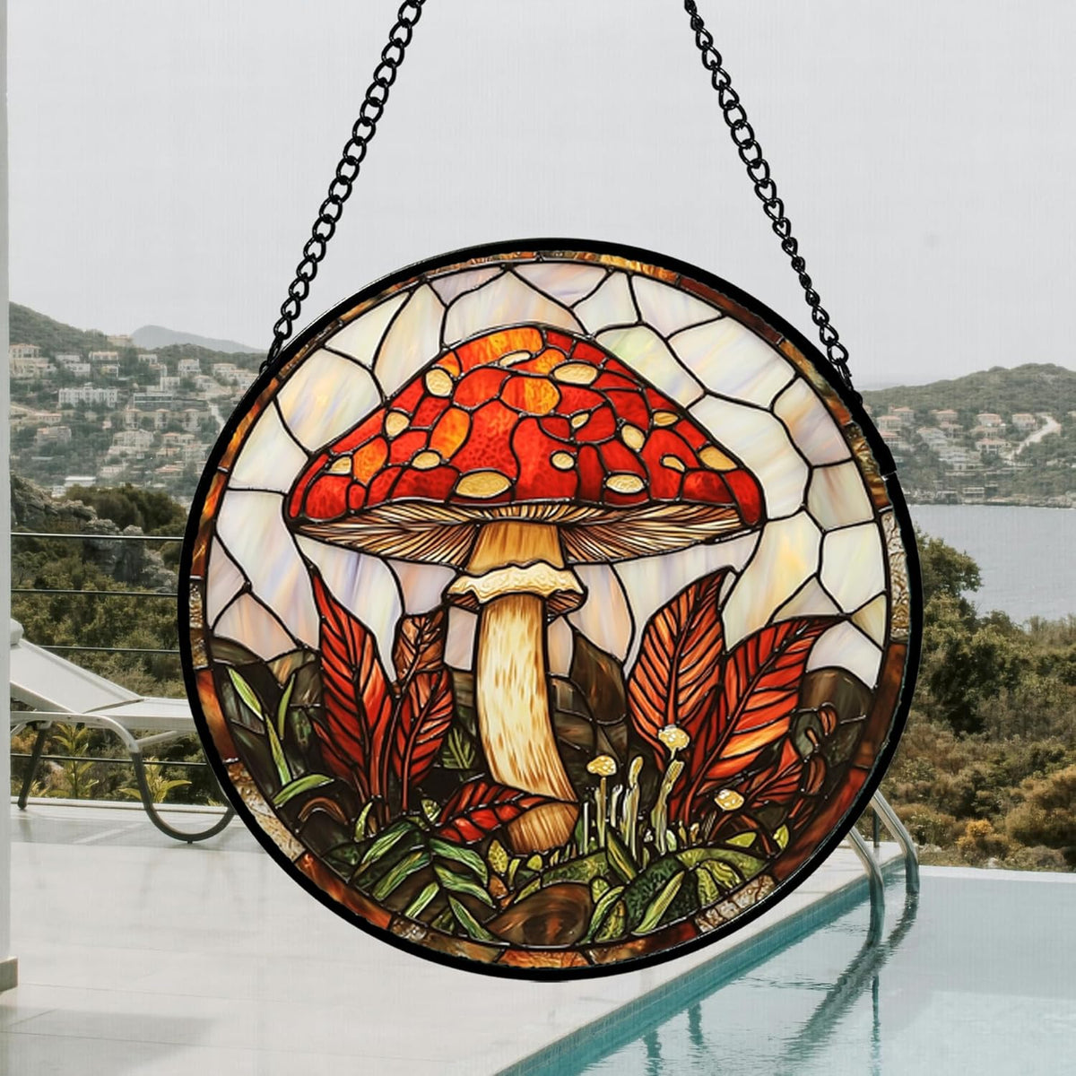 Stained Glass Window Hanging, Big Red Mushroom Suncatcher for Doors Home Sun Catchers Decoration
