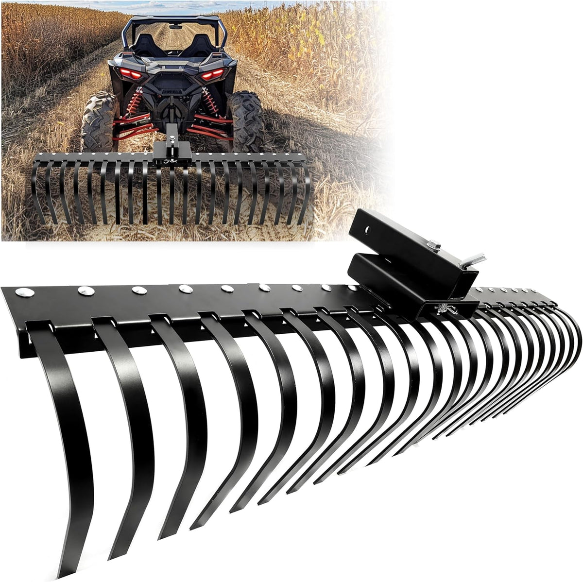 KUAFU 60 Inch Landscape Rake Pine Straw Rake Tractors Rake Fit for 2 Inch Receiver ATV UTV SxS