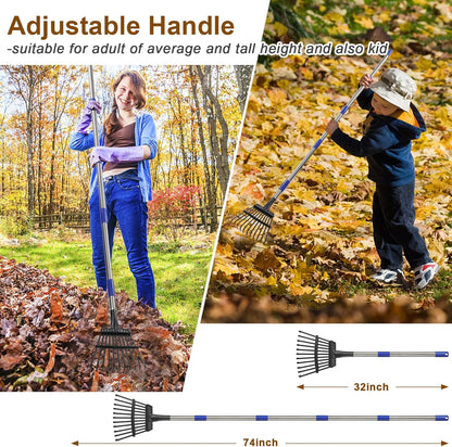 Garden Rake -Small Leaves Rakes for Gardening - 11 Metal Tines 8.5" Wide - 78" Long Handle Leaf