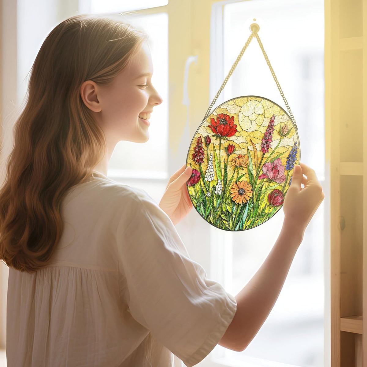 Stained Glass Window Hanging, 8 Inch Wildflower Stained Glass Suncatcher, Colorful Floral Window