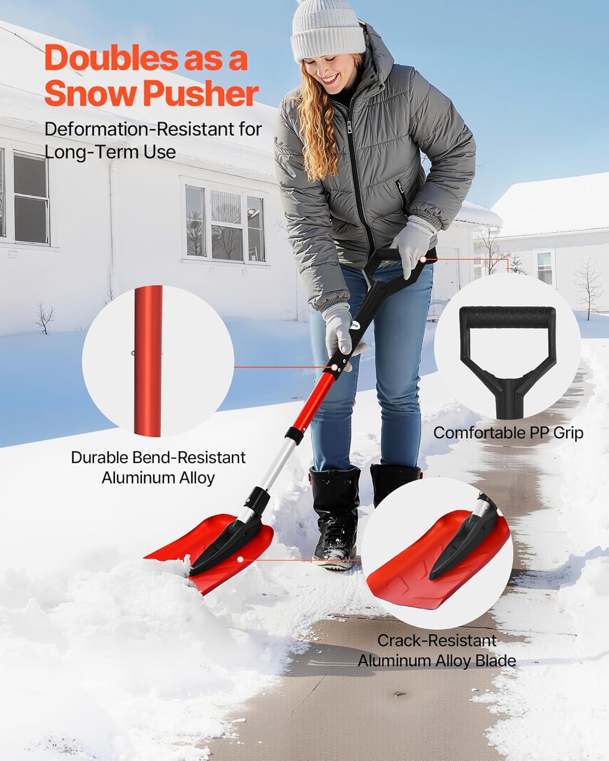 VEVOR Snow Shovel for Driveway, 9 in Foldable Snow Shovel with D-Shaped Handle, 36-40 in