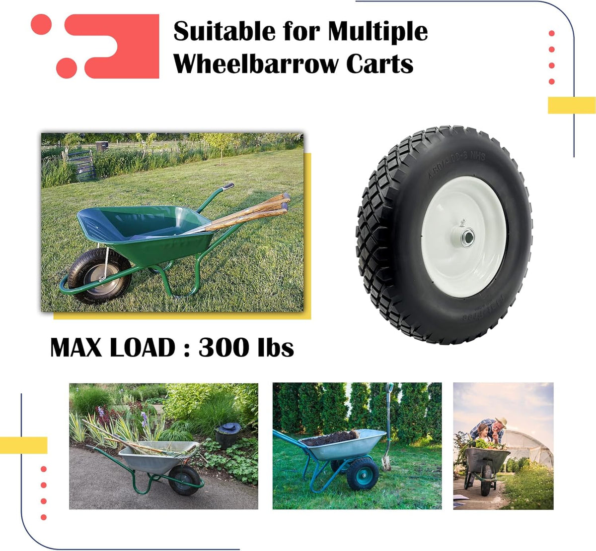 2-Pack 4.80-8 Wheelbarrow Tire and wheel with 3"-6''Centered Hub, 3/4" or 5/8''or 1/2'' Bearings