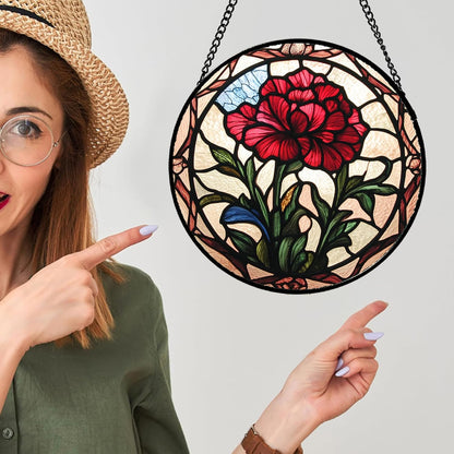 Stained Glass Window Hanging - Red Carnation Birth Flower Sun Catcher for Door Garden Home Decor
