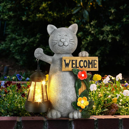 Solar Cat Statue Outdoor Decor-9.4" Welcome Garden with Sculpture Solar Lantern