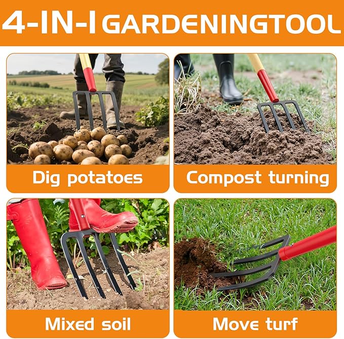 HIGHLIGHT Garden Fork, 4-Tine Spading Fork, Compost Fork, Steel Digging Fork, 45Inch, Steel D-Grip