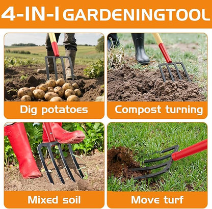 HIGHLIGHT Garden Fork, 4-Tine Spading Fork, Compost Fork, Steel Digging Fork, 45Inch, Steel D-Grip