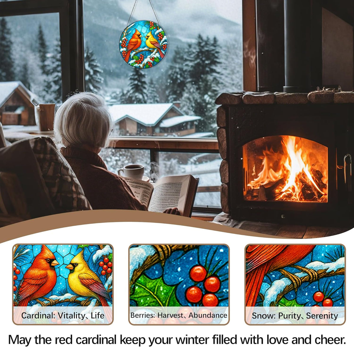 Stained Glass Window Hanging,Winter Red Cardinal Sun Catchers Stained Glass Panels for Indoor