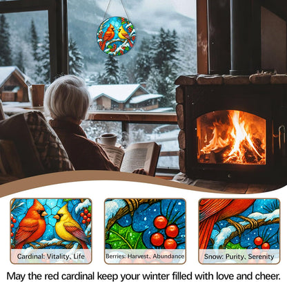 Stained Glass Window Hanging,Winter Red Cardinal Sun Catchers Stained Glass Panels for Indoor