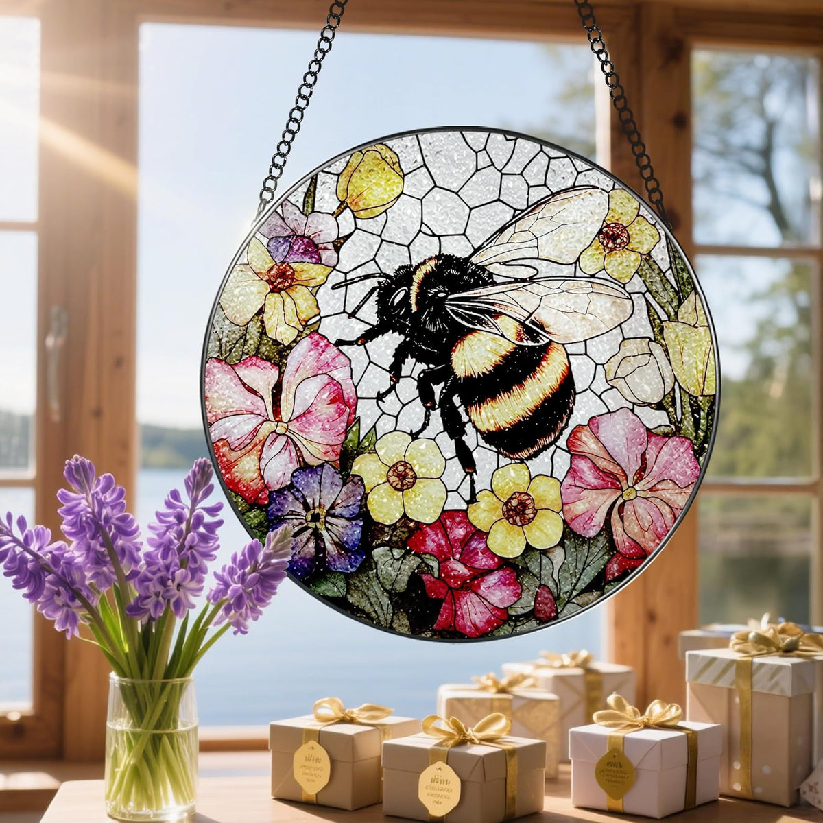 Stained Glass Window Hanging, 8 Inch Bee Stained Glass Ornament, Suncatchers for Windows Hanging