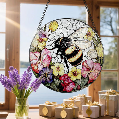 Stained Glass Window Hanging, 8 Inch Bee Stained Glass Ornament, Suncatchers for Windows Hanging
