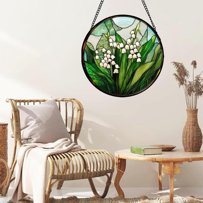 Stained Glass Window Hanging - White Green Lily of The Valley Suncatcher for Doors Garden Terrace