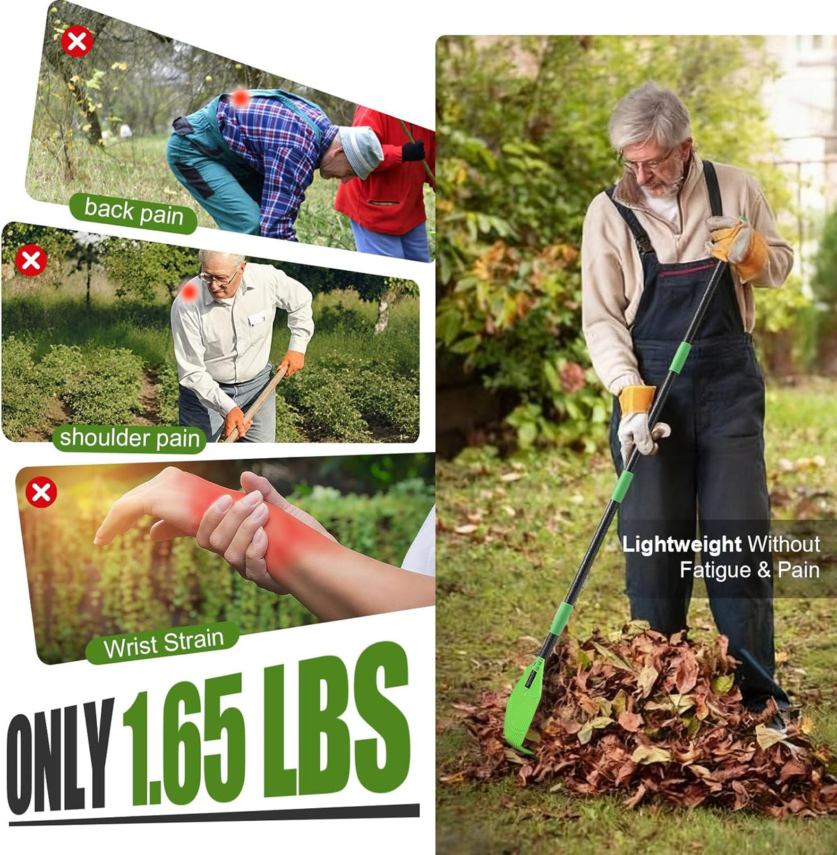 Plastic Leaf Rake with Adjustable 65'' Handle - Lightweight Outdoor Yard Rakes for Leaves,Grass &