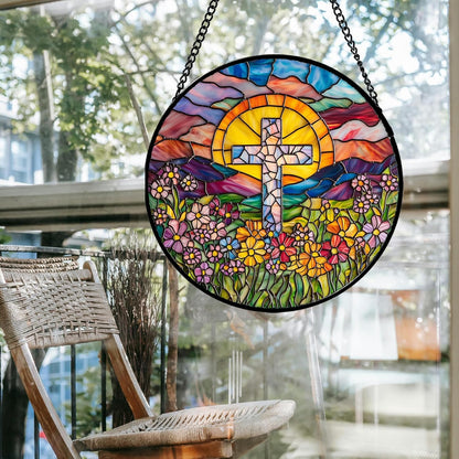 Stained Glass Window Hanging - Cross Flower Sea Sun Catcher for Door Terrace Garden Home Decor