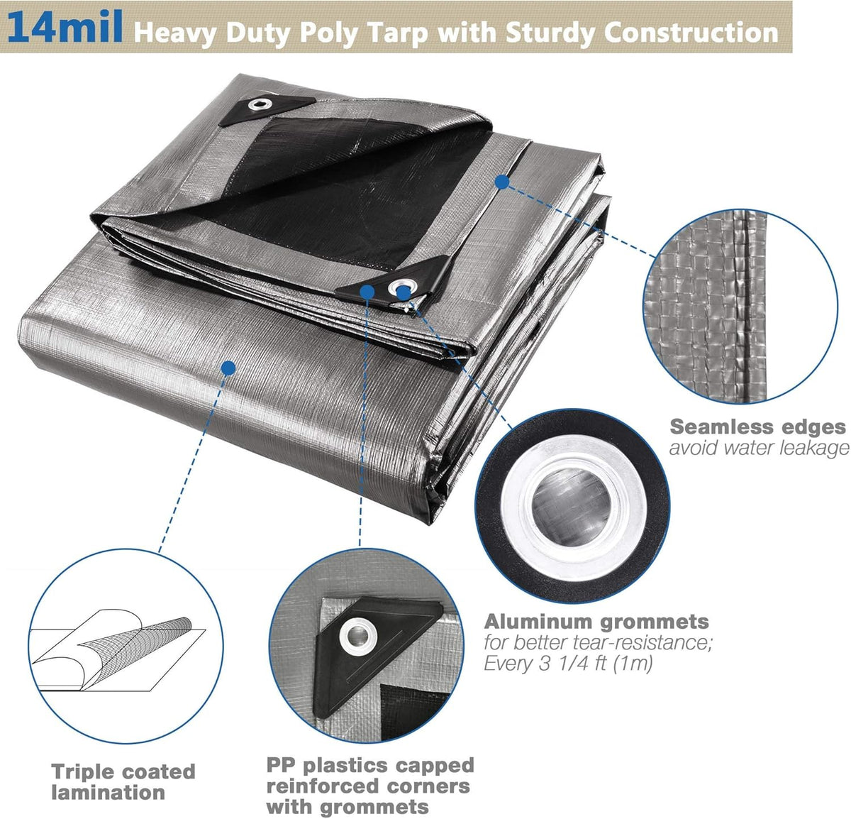 Yescom 12x20 Ft 14 Mil Heavy Duty Reinforced Poly Tarp Reversible Waterproof Tarpaulin Ground Sheet
